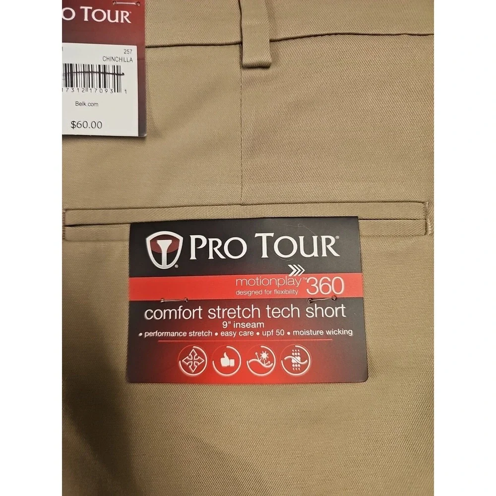 Pro Tour Mens Motionplay 360 Comfort Stretch Tech Shorts Khaki‎ Pleated PZBS7021